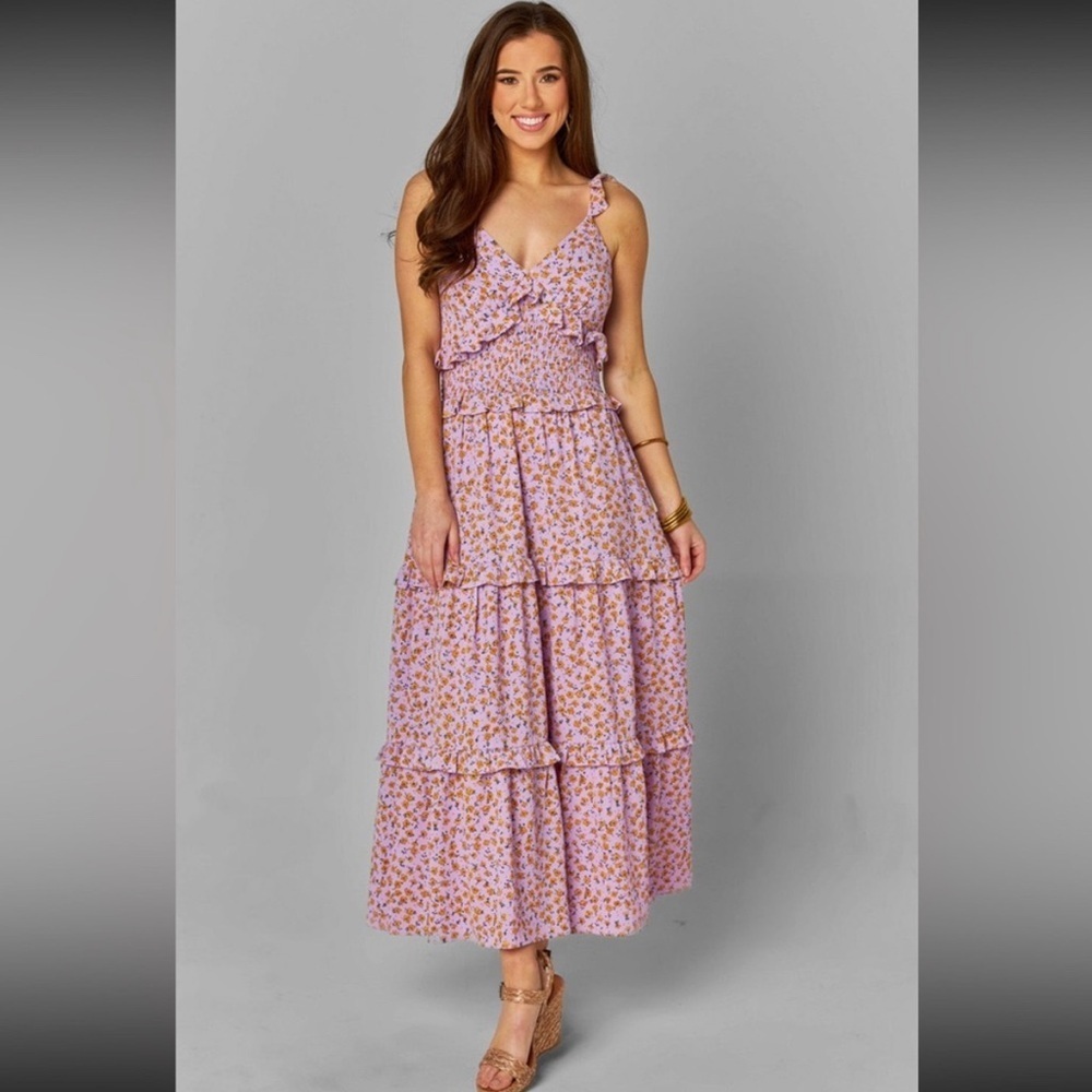 Buddy Love Purple Floral Smocked Tiered Midi Dress - Size Small